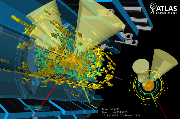 Display of a lead–lead collision at 5.02 TeV per nucleon pair that resulted in a candidate pair of top quarks that decay into other particles.